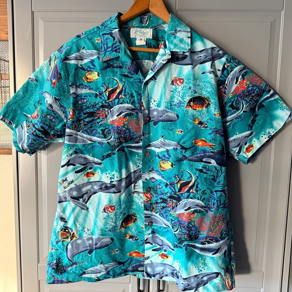 Kolekole Vintage Mens Hawaiian Marine Life Aloha Shirt,‎ Teal, M